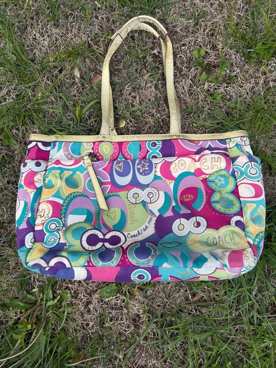 Coach Handbags - COACH Purple Multicolor Signature Print Tote with Gold Trim